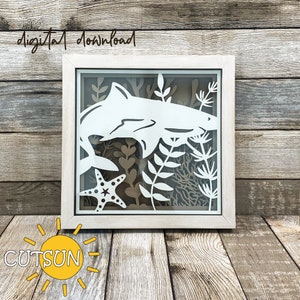 Caixa de sombra de tubarão svg | Decoração de casa de praia | Arquivo de decoração de parede cortado a laser | Oceano svg | Fundo do mar svg | Arquivo cortado a laser | Cricut SVG