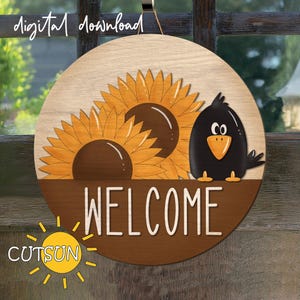 Cute Crow Door Hanger SVG – Fall Porch laser cut file - Fall decor - Autumn welcome sign svg - Sunflower svg