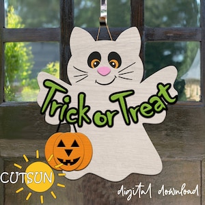 Wieszak na drzwi Halloween SVG | Wieszak na drzwi kota SVG Wieszak na drzwi ducha SVG Plik cięty laserowo Halloween SVG cyfrowe pobieranie