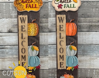 Hallo Herbst Veranda Zeichen SVG Zusatz | Austauschbares vertikales schlankes Herbst-Willkommens-Schild | Laser-Cut-Datei