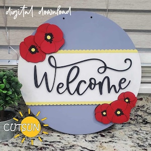 Mohn Willkommensschild SVG für Laserschneider | Layered Floral Tür Aufhänger Datei | Laser cut Datei | Rundes Laserschild Digitaler Download