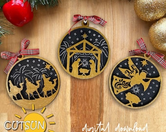 Nativity Scene Christmas Ornaments SVG Bundle | 3 Religious Nativity Ornament Laser Cut Files for Christian Holiday Decor