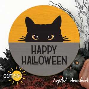 Cat Door Hanger SVG | Halloween Door Sign SVG | Happy Halloween Cat SVG | Glowforge Laser Cut File