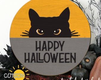 Cat Door Hanger SVG | Halloween Door Sign SVG | Happy Halloween Cat SVG | Glowforge Laser Cut File