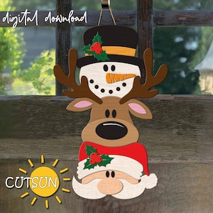 Papai Noel, veado e boneco de neve porta cabide SVG Natal porta cabide SVG arquivo cortado a laser porta de Natal placa svg porta vertical placa svg
