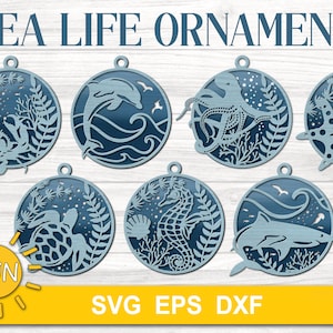 Adorno navideño de vida marina SVG Adorno navideño de criaturas marinas SVG Decoración navideña bajo el mar Tortuga marina Cangrejo Pulpo Archivo cortado con láser