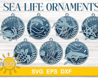 Sea Life Christmas ornament SVG | Sea creatures Christmas ornament SVG | Glowforge SVG | Laser cut file