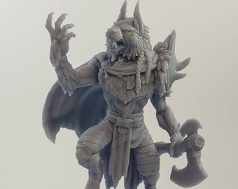 May include: A gray, detailed miniature figurine of a werewolf warrior with a cape, axe, and fur. The figurine is standing on a rocky base.