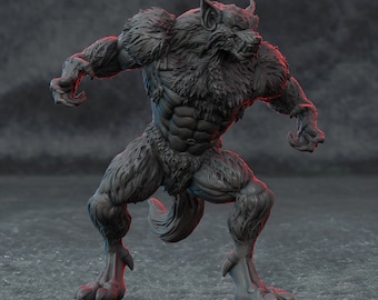 May include: A gray werewolf figurine with a snarling expression, standing on a gray surface. The figurine is detailed with fur and muscle definition.