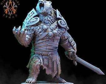 May include: A gray, detailed miniature figurine of a bear wearing armor and holding a sword. The bear is standing on a rocky base.