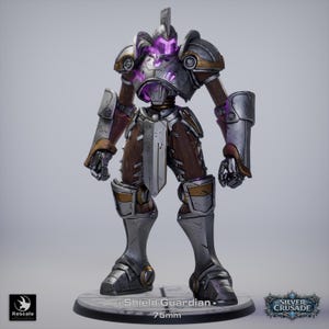 May include: A detailed figurine of a Shield Guardian, 75mm tall, with metallic armor and wooden-textured limbs. The figure has glowing purple accents on the head and chest. The base is circular with the text "Silver Crusade".