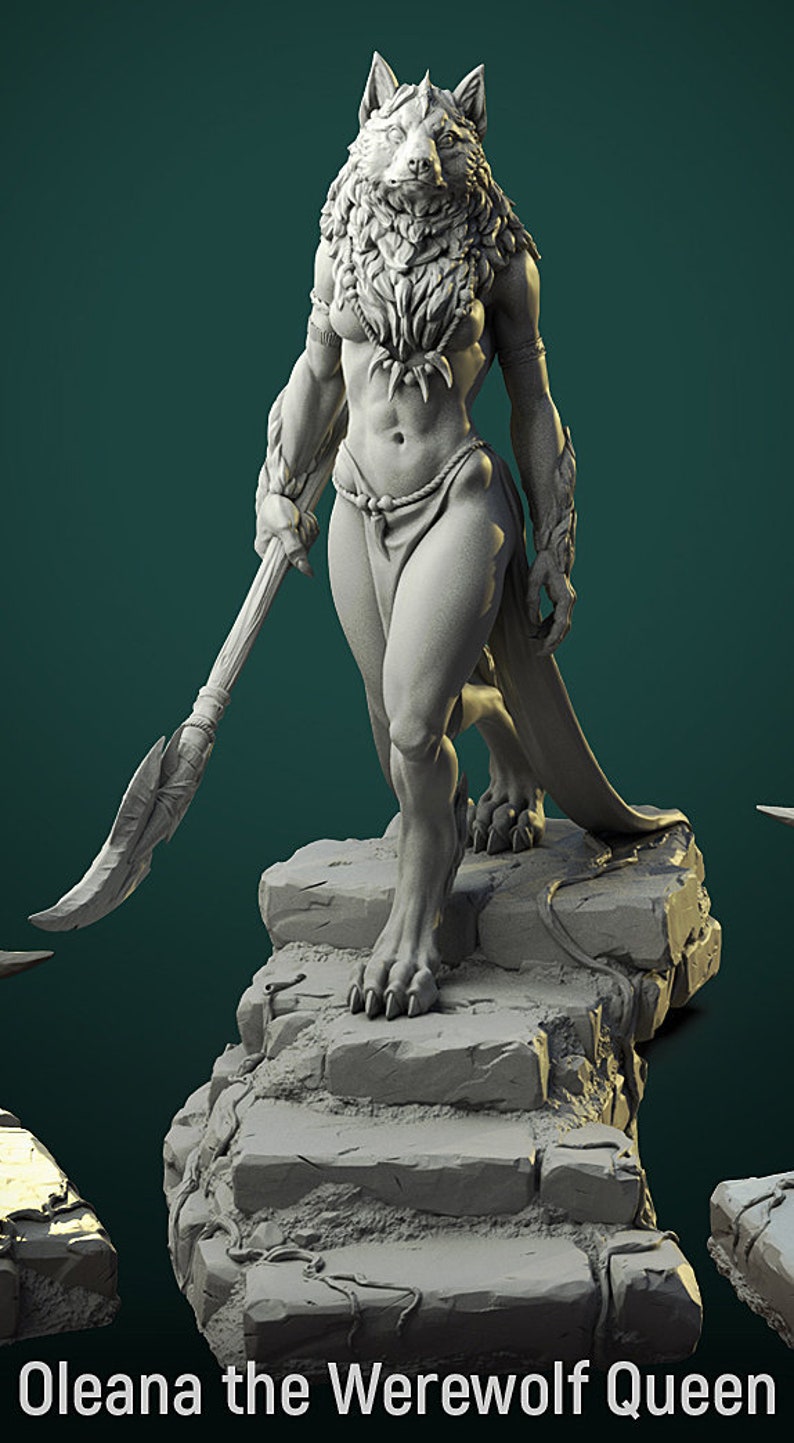 May include: A gray, sculpted figurine of a werewolf queen standing on a stone platform. She has a wolf-like head and a human-like body. She is holding a spear in her right hand. The figurine is titled "Oleana the Werewolf Queen".