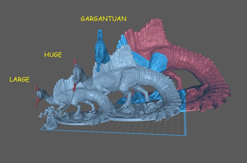 Puede incluir: Tres figuras de dinosaurios de diferentes tama&ntilde;os, etiquetadas como "Large", "Huge" y "Gargantuan". Las figuras est&aacute;n pintadas en tonos de azul y rojo, siendo la figura m&aacute;s grande de un rojo intenso.