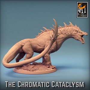 May include: A detailed, 3D printed miniature of a chromatic dragon, a mythical creature with a long, serpentine tail and a fierce expression. The dragon is posed in a dynamic stance, with its head raised and its wings spread. The miniature is painted in a muted, earthy tone, with subtle details highlighting the scales and claws.