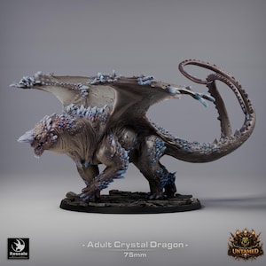 May include: A detailed figurine of an Adult Crystal Dragon, 75mm in size. The dragon is depicted in a walking pose, with a brown and blue color scheme. The wings and body are adorned with crystal-like structures.