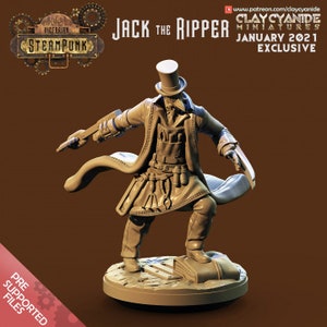 May include: A 3D printed miniature of Jack the Ripper, a Victorian steampunk character. The figure is wearing a top hat, a long coat, and a mask. The figure is holding a knife in one hand and a saw in the other. The figure is standing on a base with a book on it. The figure is painted in a brown color.