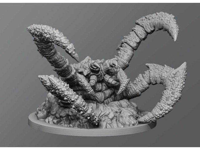 May include: A gray, detailed, 3D printed miniature of a monstrous creature with multiple spiky legs and a textured, rocky base.