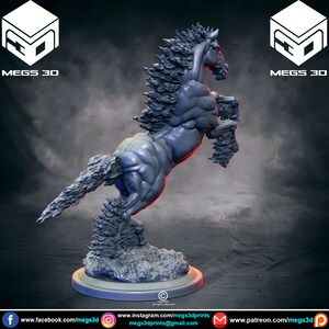 May include: A gray 3D printed model of a rearing horse with a textured, flame-like mane and tail. The horse is standing on a round base. The model is labeled "MEGS 3D".