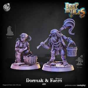 May include: Two 3D printed miniature figures of dwarves, one male and one female, with a gray paint finish. The male dwarf is holding a mop and a bucket, while the female dwarf is holding a knife and a basket of fruit. The figures are standing on a gray base. The text "Dormak & Faern (Dwarves) 403" is printed below the figures.
