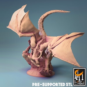 May include: A pre-supported 3D printed model of a red dragon with its wings spread wide. The dragon is perched on a rocky base. The model is designed for tabletop gaming and is ready to be printed.