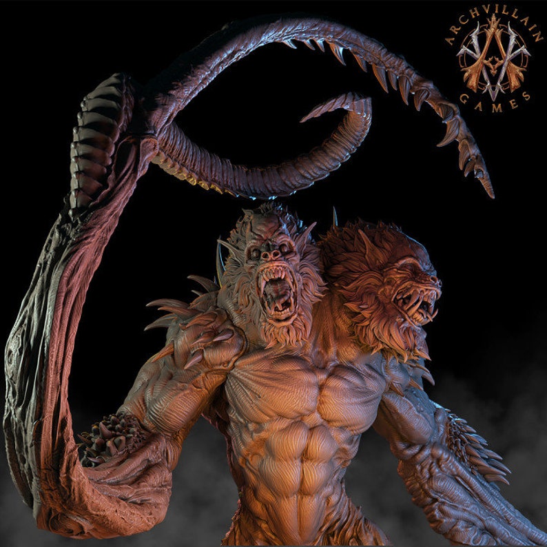 May include: A two-headed monster with a snarling, ape-like head and a wolf-like head. The monster has a muscular, humanoid body with sharp claws and a long, prehensile tail.