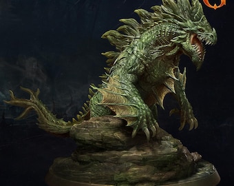 May include: A green and gold dragon figurine with a spiky back and sharp teeth, perched on a rocky base.