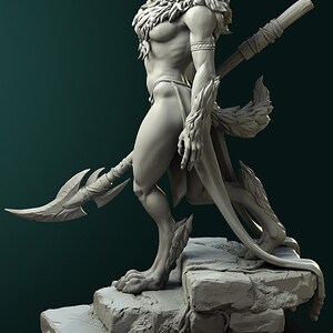May include: A gray, sculpted figure of a wolf-like creature with a spear. The figure is standing on a stone platform with vines growing on it.