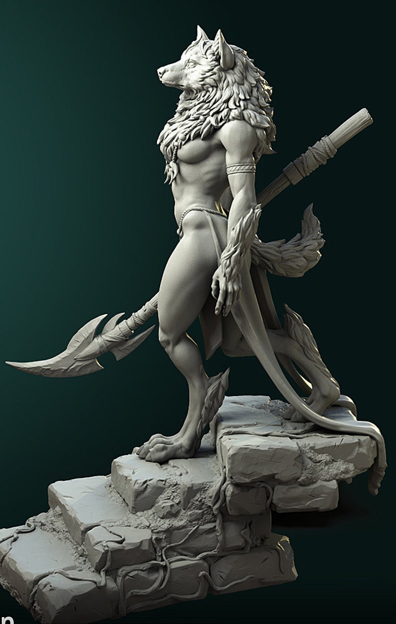 May include: A gray, sculpted figure of a wolf-like creature with a spear. The figure is standing on a stone platform with vines growing on it.