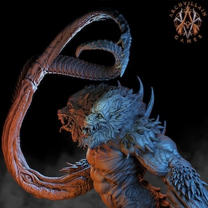 May include: A detailed 3D printed miniature of a monstrous creature with two wolf-like heads, a spiky body, and a long, segmented tail. The creature is painted in shades of blue, gray, and orange.