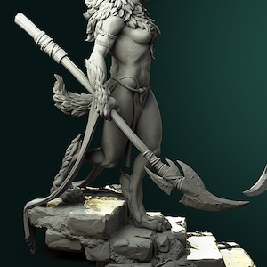 May include: A gray, sculpted figure of a wolf-like creature with a spear. The figure is standing on a stone platform with vines growing on it. The creature has a human-like body and a wolf's head and tail.