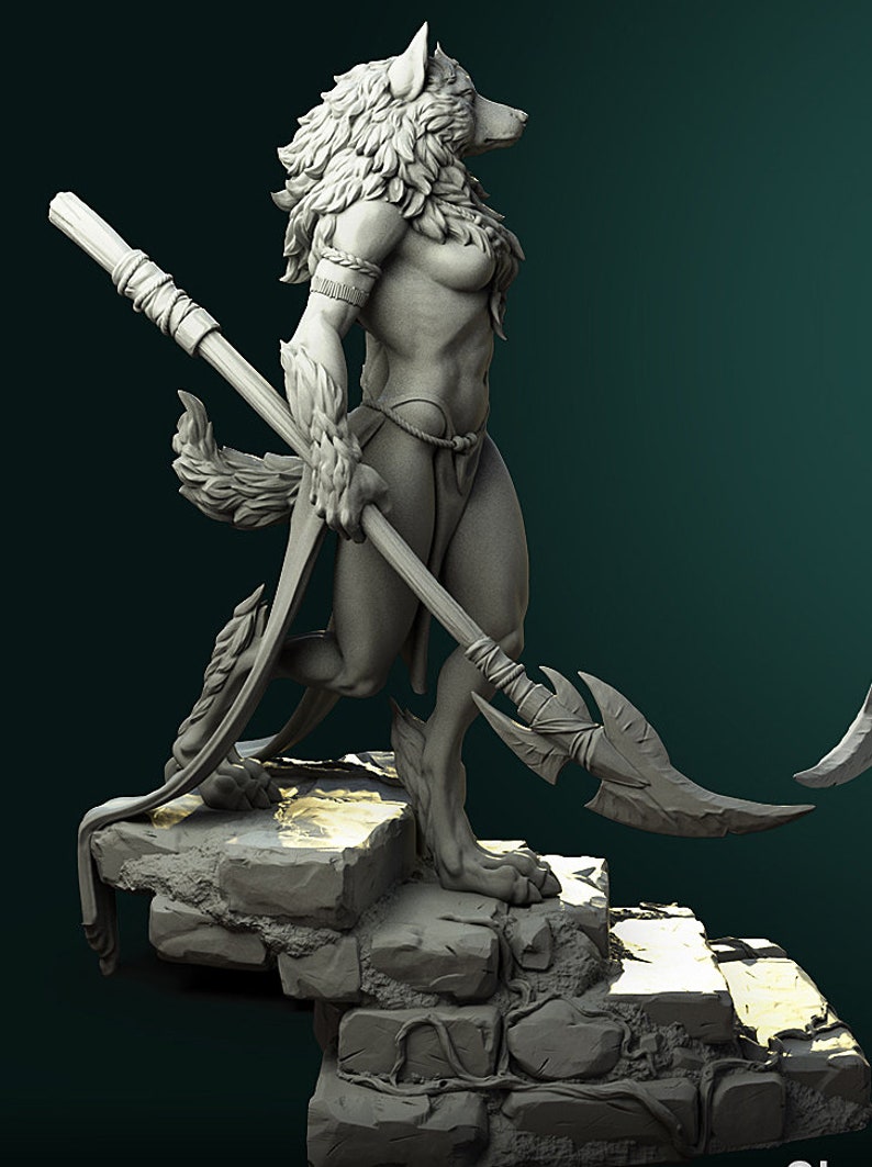 May include: A gray, sculpted figure of a wolf-like creature with a spear. The figure is standing on a stone platform with vines growing on it. The creature has a human-like body and a wolf's head and tail.