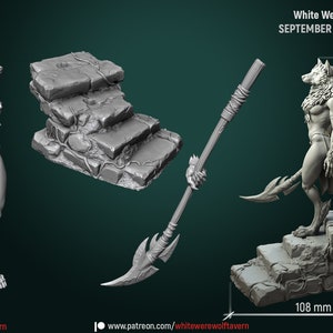 May include: A gray, detailed, 3D printed miniature of a female werewolf holding a spear. The miniature is standing on a set of stone steps. The miniature is 5.9 inches tall and 4.3 inches wide.