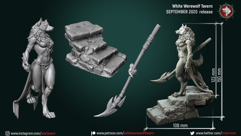 May include: A gray, detailed, 3D printed miniature of a female werewolf holding a spear. The miniature is standing on a set of stone steps. The miniature is 5.9 inches tall and 4.3 inches wide.