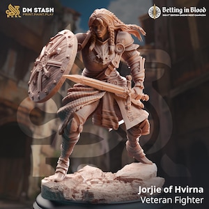 May include: A painted miniature figurine of a female warrior in armour, holding a sword and shield. The figurine is standing on a rocky base and is painted in a light brown colour. The text "Jorjie of Hvirna Veteran Fighter" is printed below the figurine.