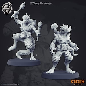 Puede incluir: Dos figuras en miniatura de un inventor kobold impresas en 3D, una sosteniendo un martillo y la otra un bastón. Las figuras están pintadas en gris claro y están de pie sobre bases negras. Las figuras forman parte de la colección Kobolds de Cast N Play.