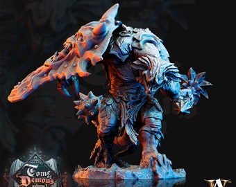 May include: A detailed miniature of a demon warrior, painted in shades of blue and grey. The demon is holding a large sword and a smaller weapon in its other hand. The miniature is standing on a rocky base.