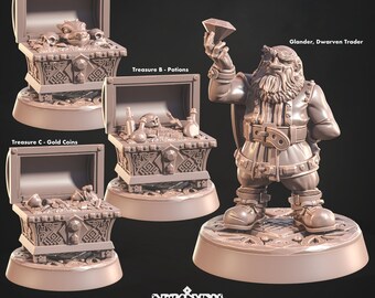 Dwarven treasure trader miniature - CastnPlay - DnD miniatures - fantasy Role Playing Game - Tabletop Miniature - dungeons and dragons - D&D