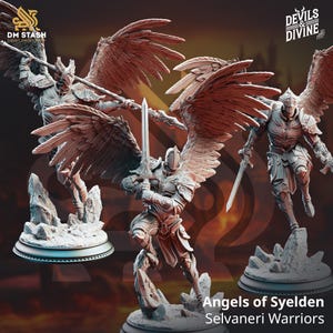 Puede incluir: Tres figuras en miniatura detalladas de ángeles con alas, espadas y armaduras. Las figuras están en posición de combate y están de pie sobre bases rocosas. Las figuras están pintadas en color gris claro y están etiquetadas como "Angels of Syelden Selvaneri Warriors".
