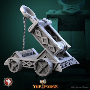 May include: A gray, wooden, miniature catapult with a rope and a wheel. The catapult is on a wooden base with wheels. The catapult is a tabletop game piece.