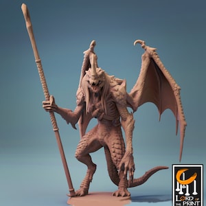 May include: A detailed miniature figurine of a dragon-like creature with wings, a long tail, and a spear. The creature is painted in a light brown color and has a fierce expression.