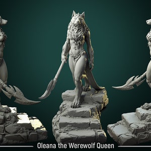 May include: A gray, detailed, 3D printed sculpture of a werewolf queen holding a spear. The sculpture is standing on a stone base with the text "Oleana the Werewolf Queen" below it.