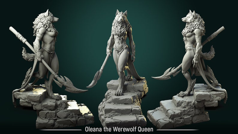 May include: A gray, detailed, 3D printed sculpture of a werewolf queen holding a spear. The sculpture is standing on a stone base with the text "Oleana the Werewolf Queen" below it.