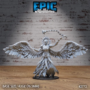 May include: A detailed gray miniature figure of a winged humanoid with outstretched arms, holding a chain and hammer. The figure has large feathered wings and is standing on a round base. The text "EPIC Miniatures" is at the top. Base size: Huge (76.5mm).