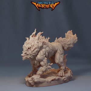 May include: A detailed, unpainted miniature of a wolf-like creature with a fiery mane and tail. The creature is standing on a rocky base. The miniature is made of a light-colored plastic.