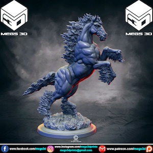 May include: A blue and gray 3D printed miniature of a rearing horse with a mane and tail of flames. The horse is standing on a rocky base. The image includes the text "MEGS 3D".
