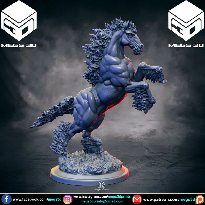 May include: A blue and gray 3D printed miniature of a rearing horse with a mane and tail of flames. The horse is standing on a rocky base. The image includes the text "MEGS 3D".