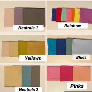 Peut inclure: Des &eacute;chantillons de tissu de diff&eacute;rentes couleurs, regroup&eacute;s et &eacute;tiquet&eacute;s : "Neutrals 1", "Rainbow", "Yellows", "Blues", "Neutrals 2" et "Pinks". Les &eacute;chantillons pli&eacute;s sont pr&eacute;sent&eacute;s sur un fond neutre.