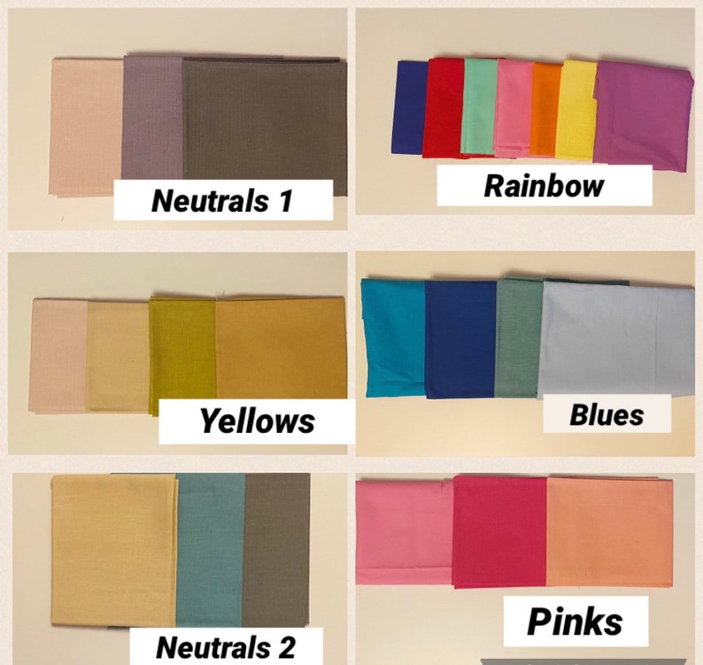 Peut inclure: Des &eacute;chantillons de tissu de diff&eacute;rentes couleurs, regroup&eacute;s et &eacute;tiquet&eacute;s : "Neutrals 1", "Rainbow", "Yellows", "Blues", "Neutrals 2" et "Pinks". Les &eacute;chantillons pli&eacute;s sont pr&eacute;sent&eacute;s sur un fond neutre.