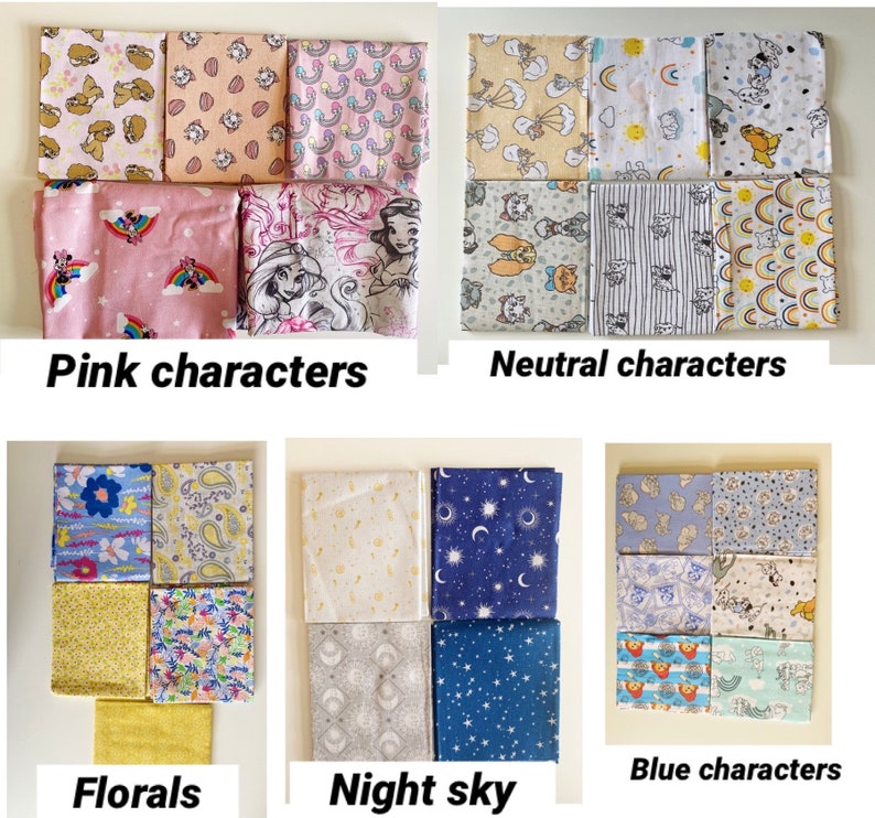 Peut inclure: Un assortiment de carr&eacute;s de tissu avec divers motifs. Les tissus pr&eacute;sentent des motifs floraux, des imprim&eacute;s de personnages et des th&egrave;mes de ciel nocturne. La palette de couleurs varie des roses et bleus aux jaunes et tons neutres. Le texte "Pink characters", "Neutral characters", "Florals", "Night sky", et "Blue characters" est visible.