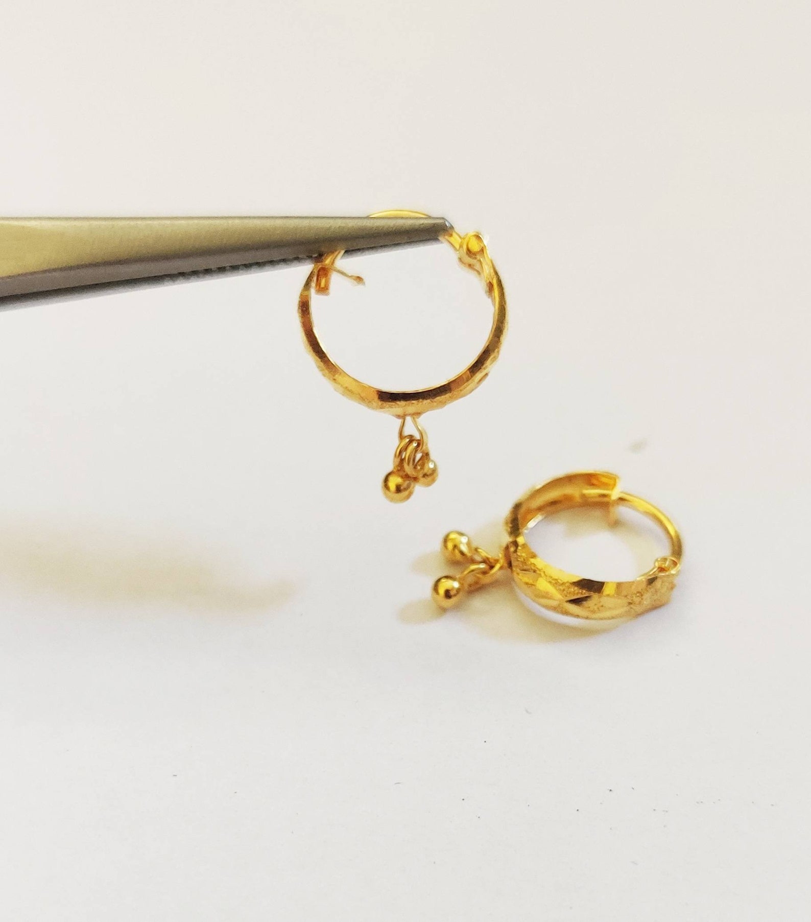 22k Gold Dangling Hoops, Solid Gold Hoops, Dangling Gold Hoops, Simple ...